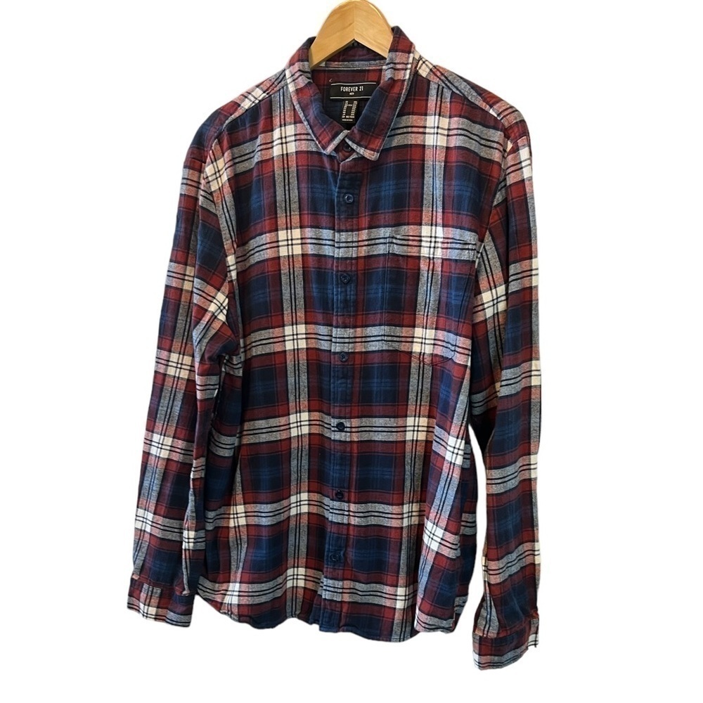 FOREVER 21 Red & Blue Flannel Plaid Button Up Collared Long Sleeve Shirt XXL